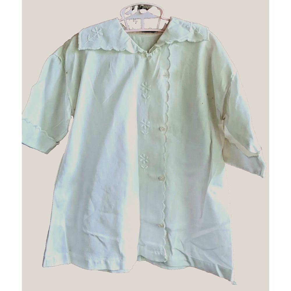 Antique Girls Victorian Edwardian Shirt White Blouse Embroidered Flowers Vintage